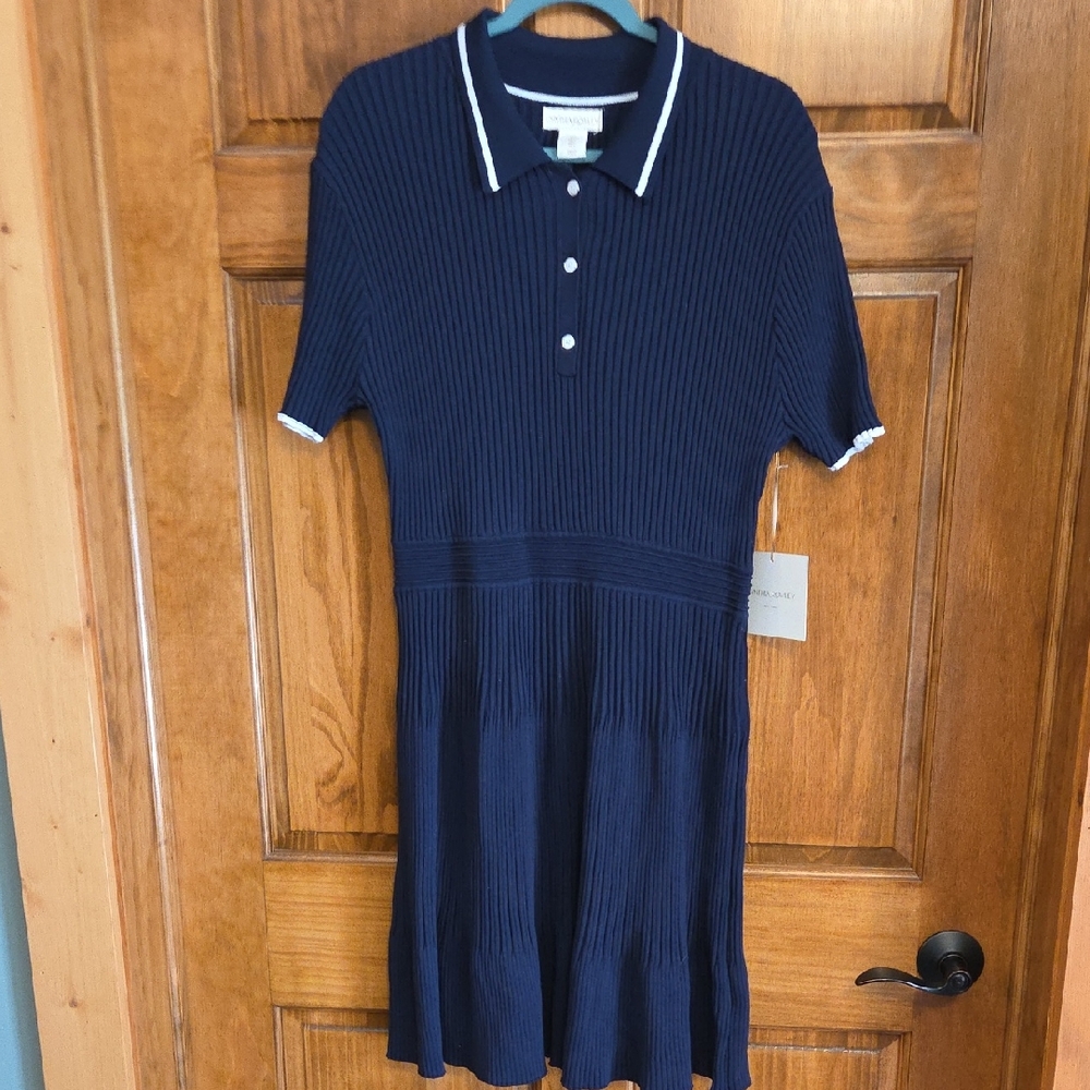 NWT Cynthia Rowley Dark Blue Ribbed Polo Dress Size L